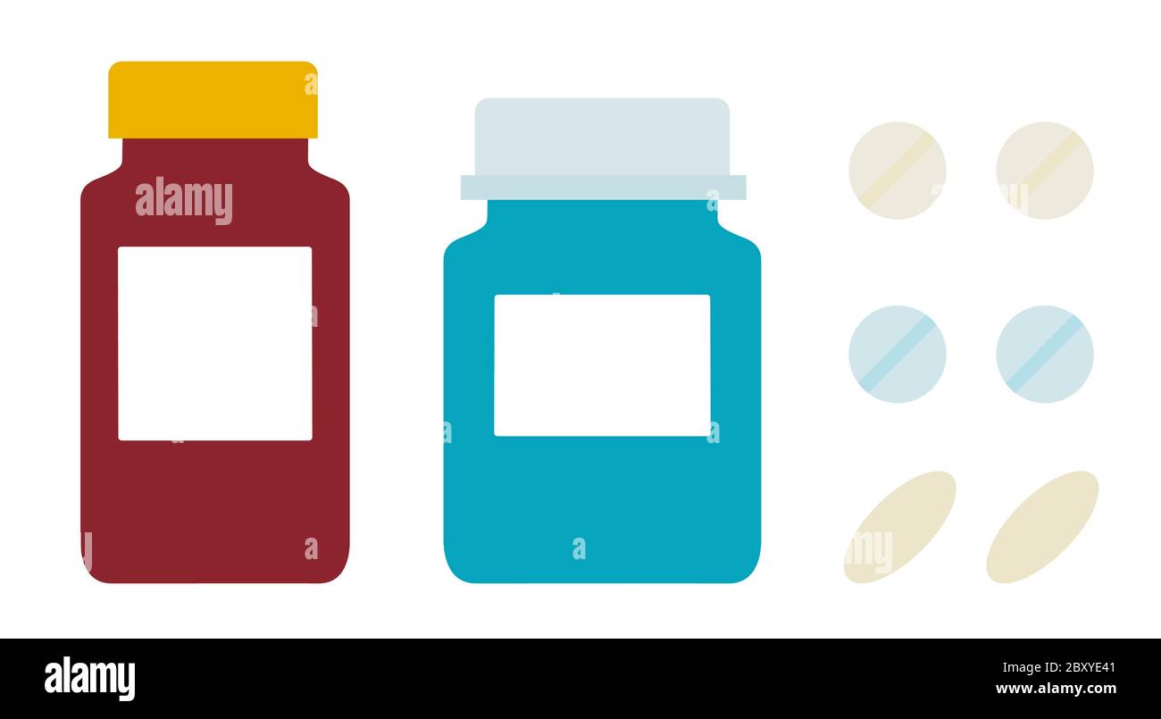 Deux bocaux avec des étiquettes propres et des pilules de différentes tailles Dental Tools vecteur icône plat isolé. Illustration de Vecteur