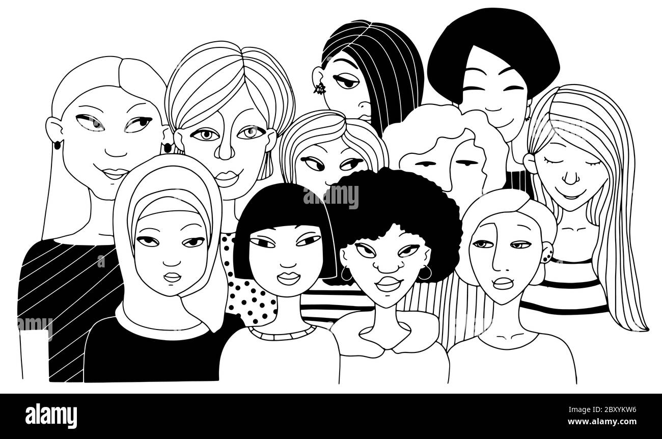 Visages - a attiré à la main une foule de différentes femmes de la diversité culturelle. Illustration vectorielle de style Doodle Illustration de Vecteur