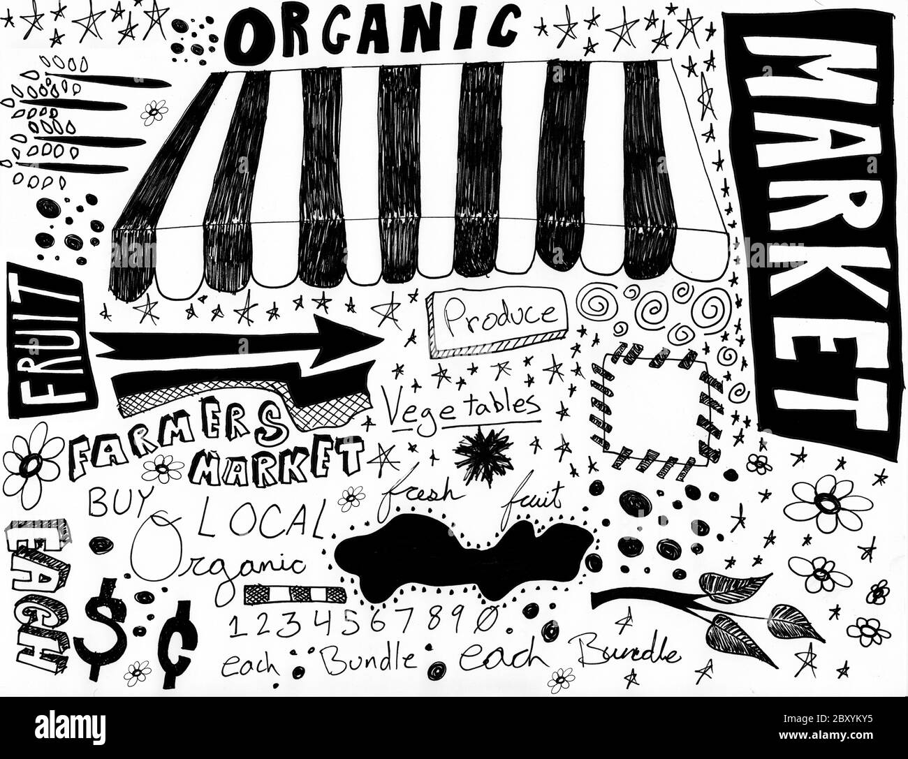 Dessins à la main du marché agricole Banque D'Images