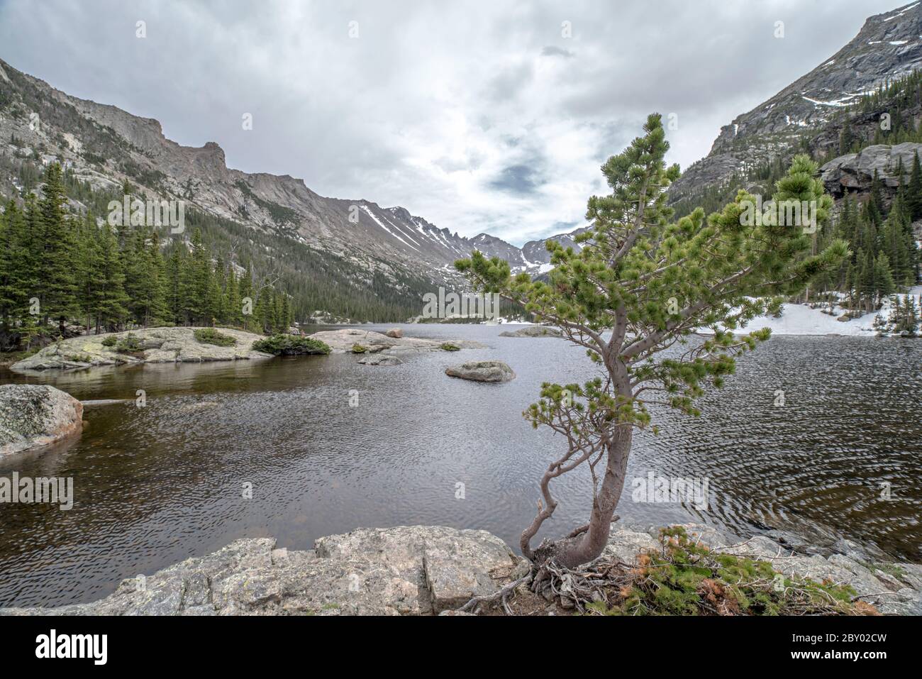 Lac alpin de Mill's Pond dans le parc national des montagnes Rocheuses avec un rocher, un arbre ou un moudefall dans le parc forestier et nuages et montagnes en arrière-plan Banque D'Images