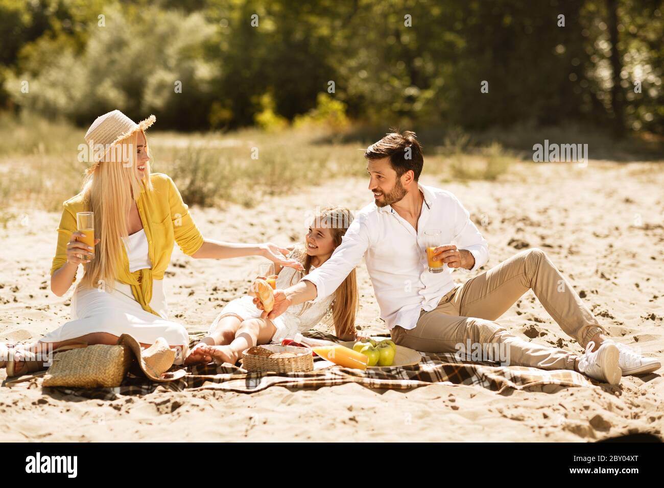 Parents et fille ayant pique-nique le jour d'été Banque D'Images