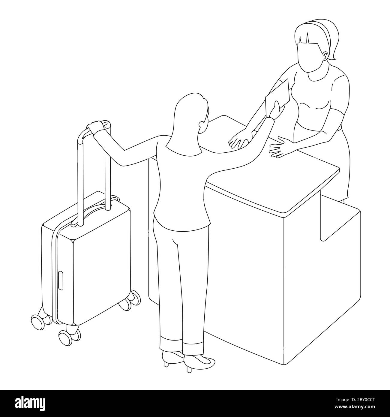 Illustration vectorielle.deux personnes interagissant près de la réception ou de l'enregistrement.concept de voyage d'affaires, d'inscription, de signature d'accord ou d'obtention d'informations Illustration de Vecteur