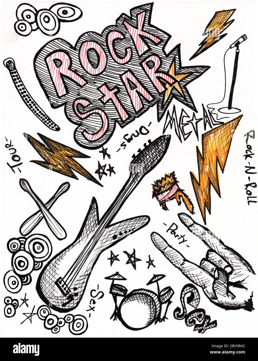 Gribouillages à dessin à la main Rock Star Banque D'Images