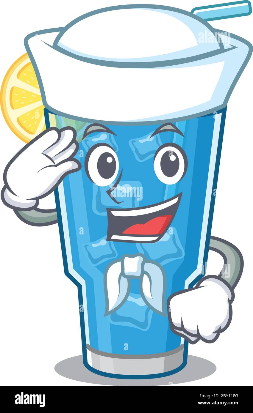 Smiley Sailor personnage de dessin animé de bleu lagon cocktail portant chapeau blanc et cravate Illustration de Vecteur