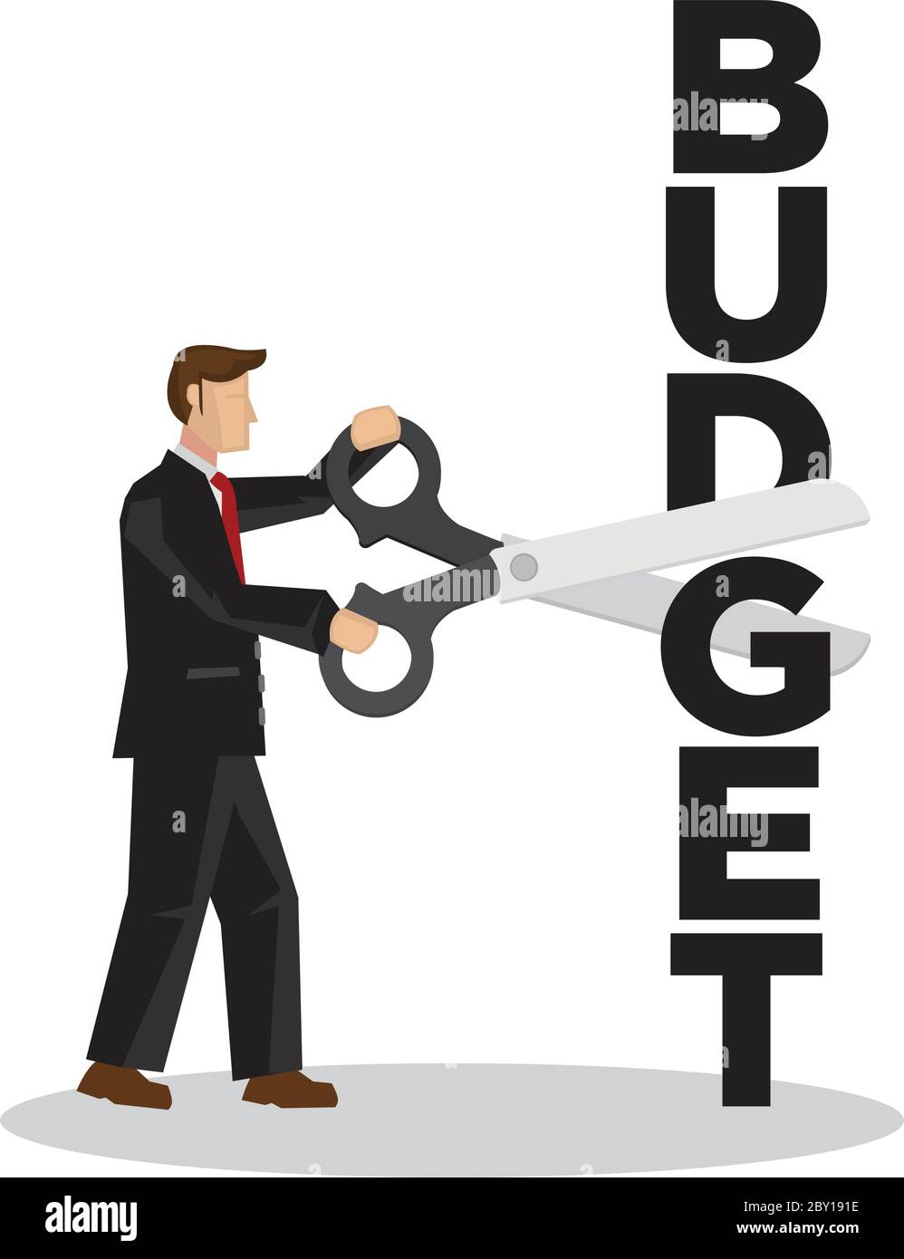 Homme d'affaires avec un ciseau géant coupant un bloc budgétaire. Concept de réduction de projet de financement ou de gestion budgétaire. Illustration vectorielle plate. Illustration de Vecteur