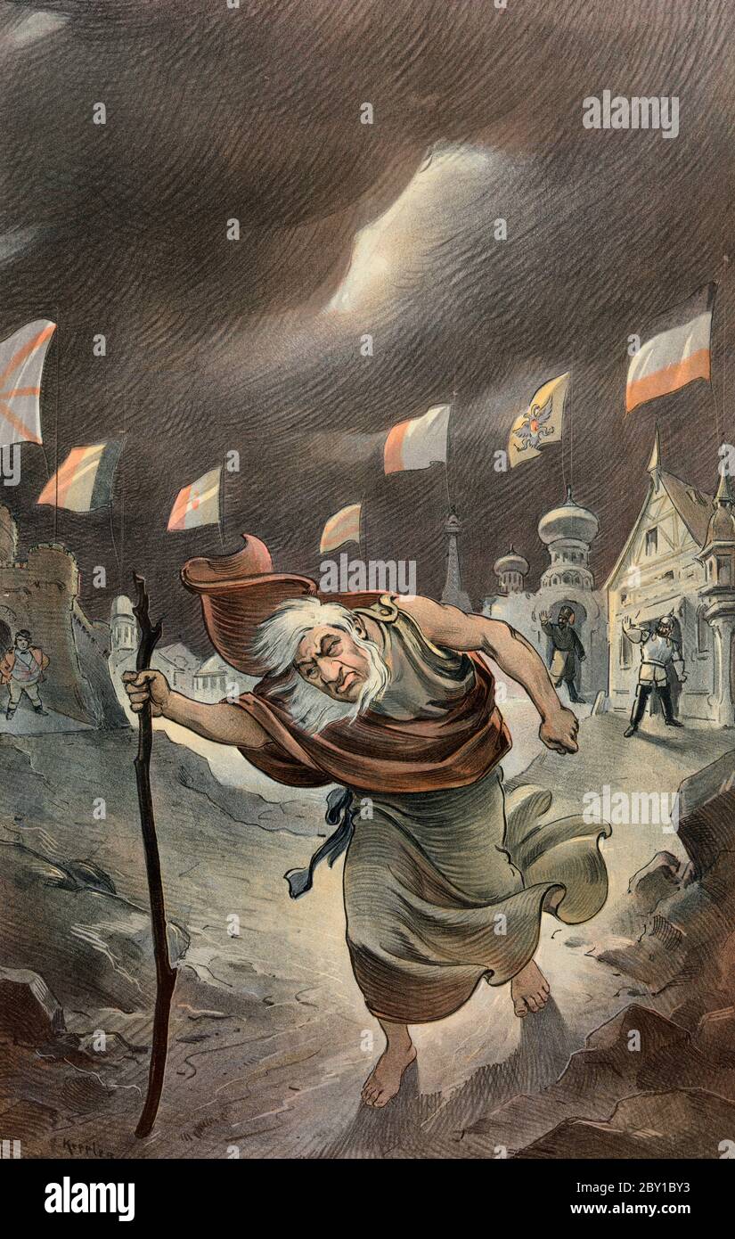 Le juif errant - Illustration montre le président sud-africain Paul Kruger errant l'Europe en exil. Caricature politique, 1901 Banque D'Images