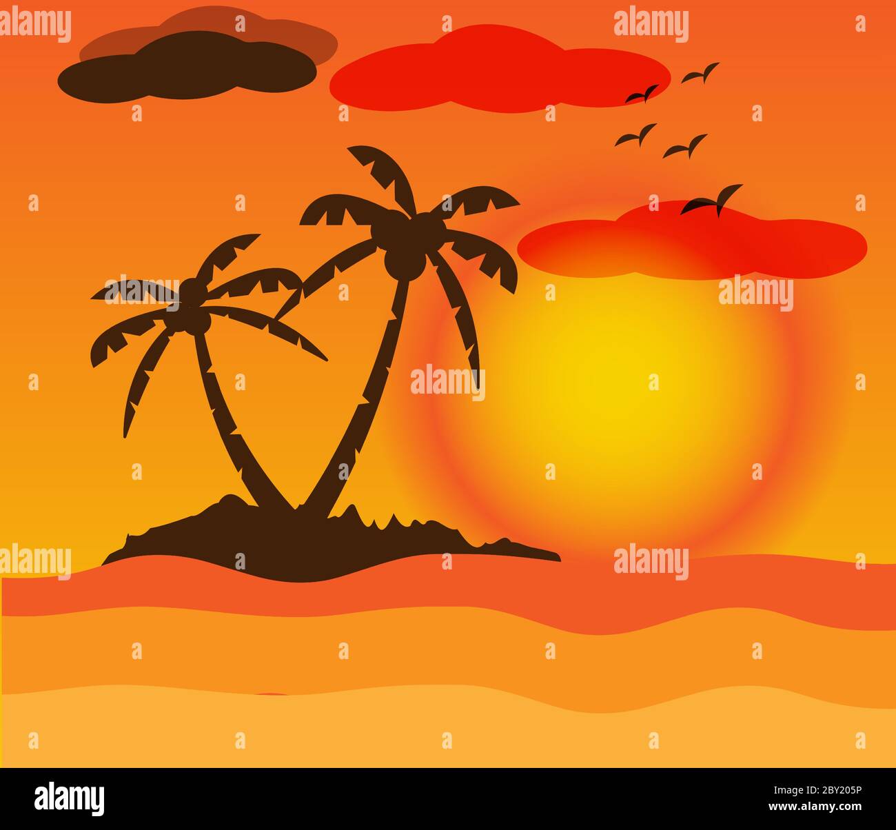 Magnifique paysage tropocal au coucher du soleil Illustration de Vecteur