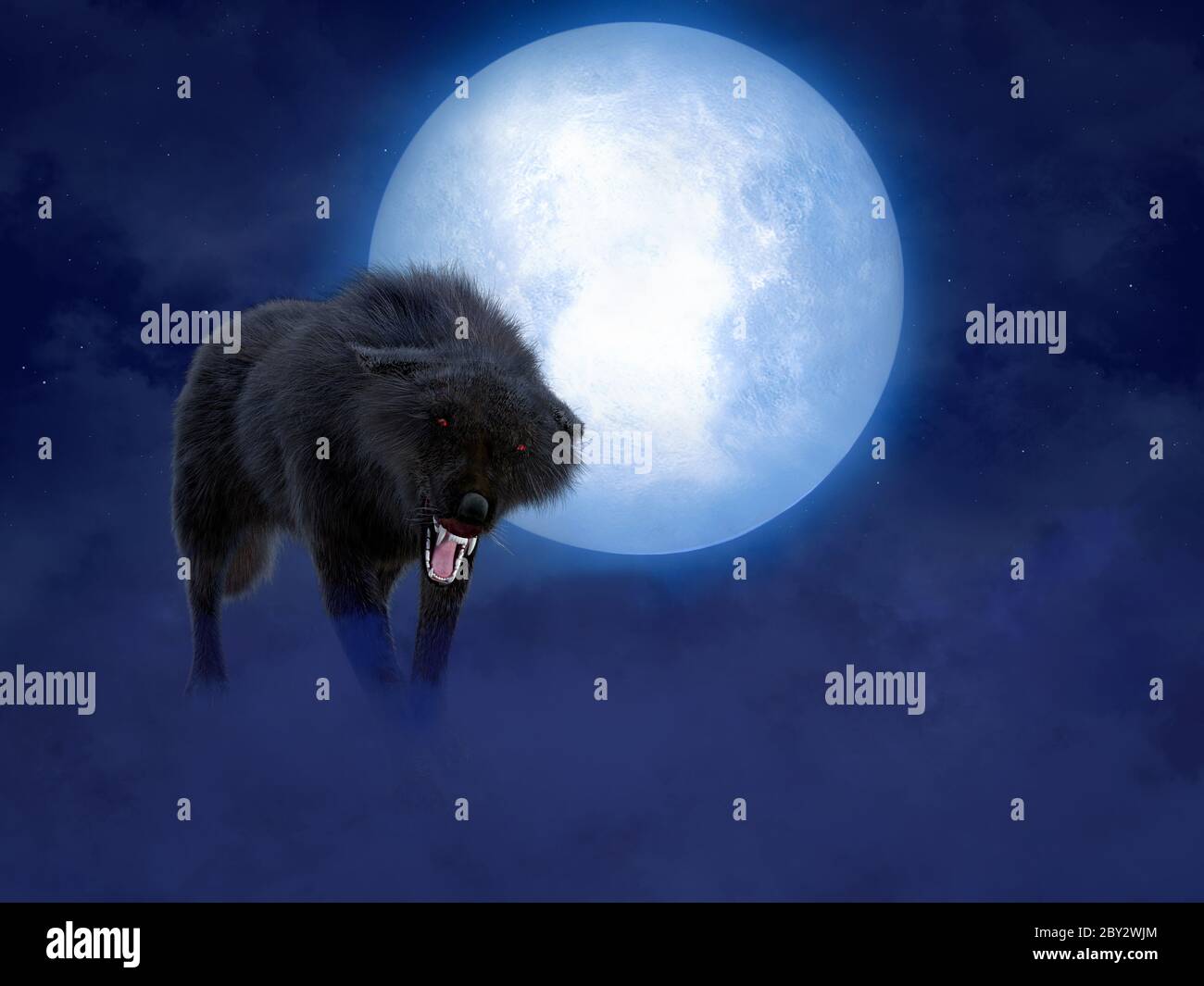 Rendu 3D d'un loup ou d'un loup-garou agressif grognant noir avec des yeux rouges lumineux devant une grande lune. Étoiles dans le ciel nocturne, brouillard sur le sol. Banque D'Images