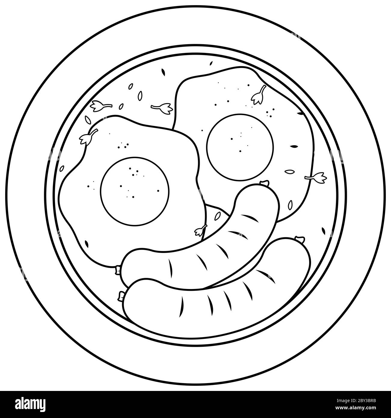 Plat à œufs et saucisses. Page de couleur noir et blanc Banque D'Images