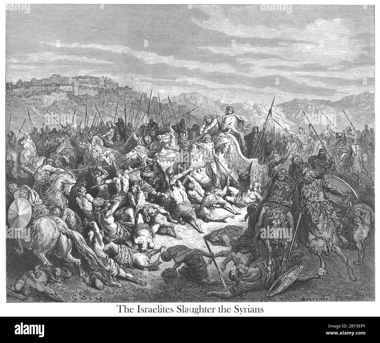 Massacre des Syriens par les enfants d'Israël 1 Rois 20:29 du livre 'Galerie biblique' illustré par Gustave Dore avec mémoire de Dore et lettre-presse descriptive par Talbot W. Chambers D.D. Publié par Cassell & Company Limited à Londres et simultanément par Mame à Tours, France en 1866 Banque D'Images