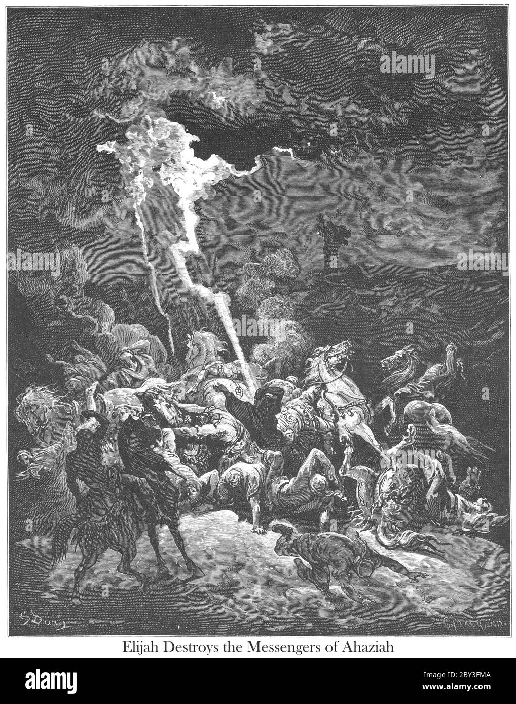 Élie détruit les Messagers d'Ahazia par le feu 2 Rois 1:10 du livre 'Galerie de la Bible' illustré par Gustave Dore avec mémoire de Dore et lettre-presse descriptive par Talbot W. Chambers D.D. Publié par Cassell & Company Limited à Londres et simultanément par Mame à Tours, France en 1866 Banque D'Images