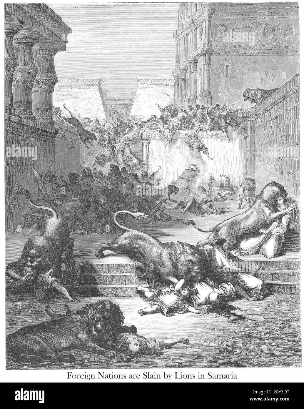 Les nations étrangères tués par les Lions de Samarie 2 Rois 17:25 du livre 'Bible Gallery' illustré par Gustave Dore avec mémoire de Dore et lettre-presse descriptive par Talbot W. Chambers D.D. Publié par Cassell & Company Limited à Londres et simultanément par Mame à Tours, France en 1866 Banque D'Images