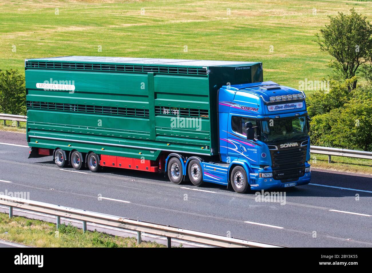 Dave Blockley Farm Livestock livraison camions, camion, transport, camion, porte-animaux, Scania R730 véhicule, industrie européenne du transport commercial HGV, M6 à Manchester, Royaume-Uni Banque D'Images