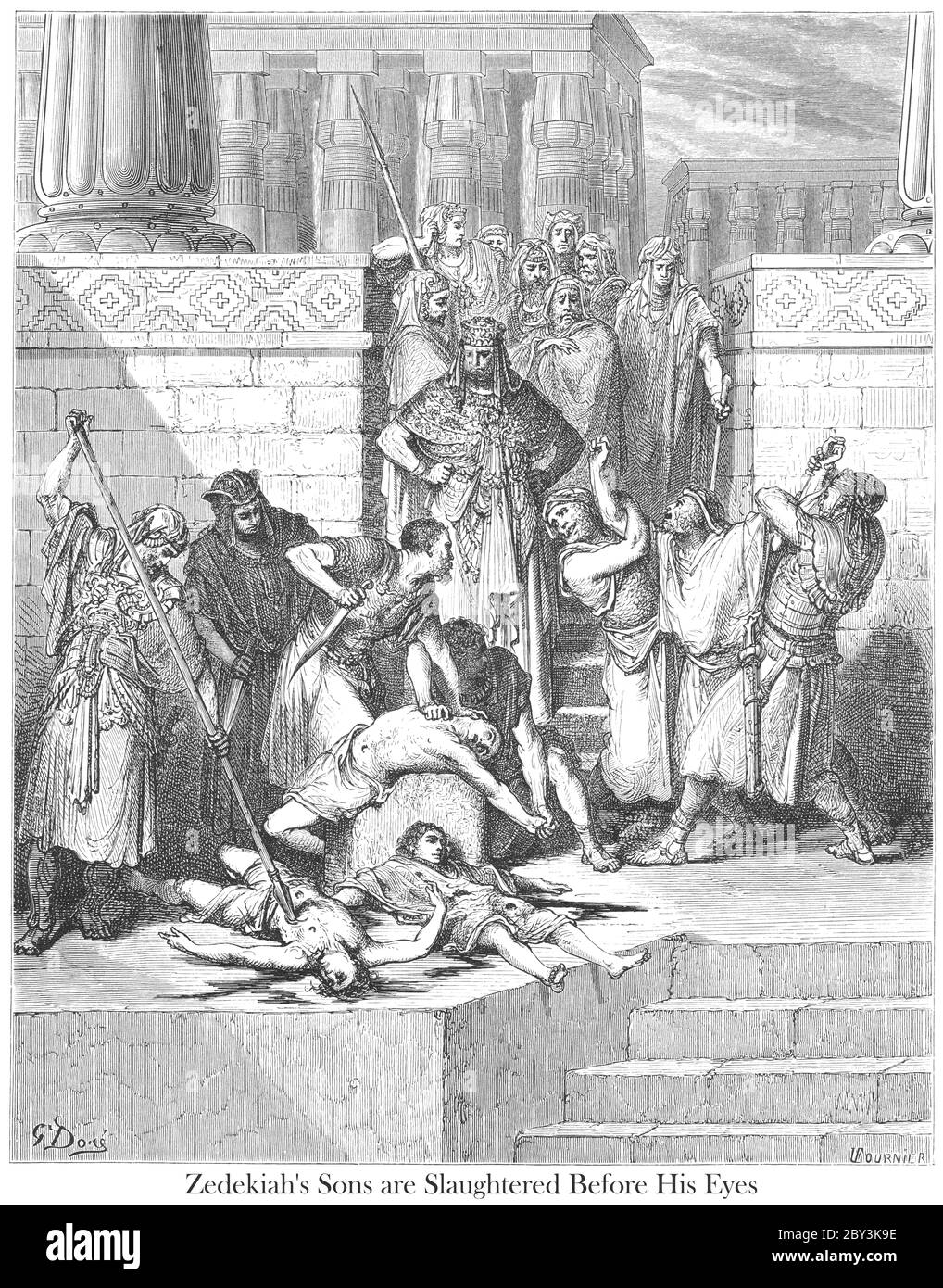 Massacre des fils de Zedekiah devant leur Père 2 Rois 25:7 du livre 'Galerie de la Bible' illustré par Gustave Dore avec mémoire de Dore et lettre-presse descriptive par Talbot W. Chambers D.D. Publié par Cassell & Company Limited à Londres et simultanément par Mame à Tours, France en 1866 Banque D'Images