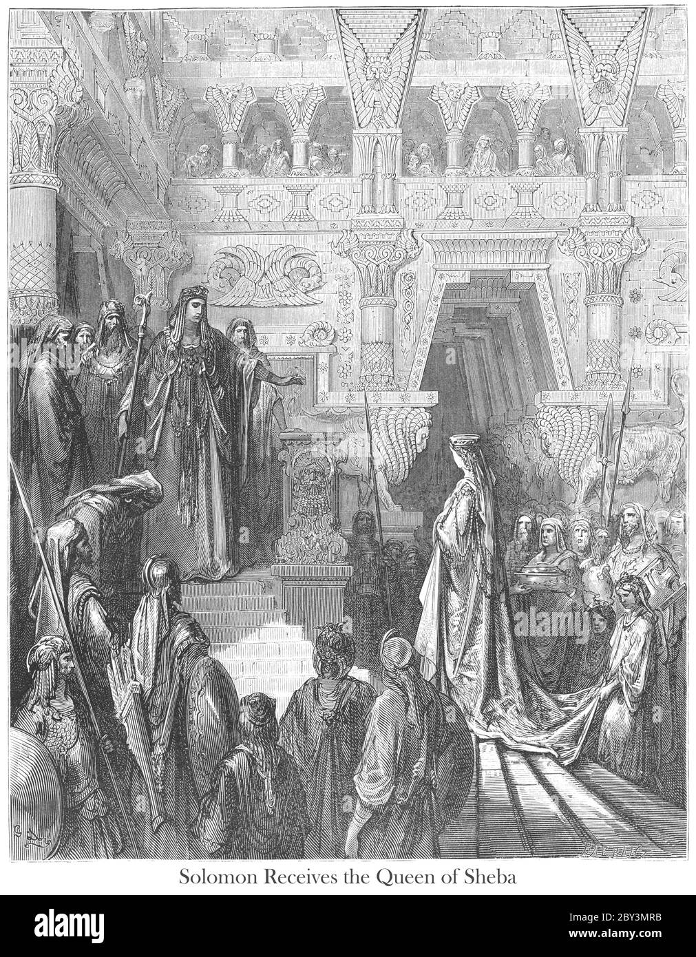 Salomon recevant la Reine de Sheba 2 chroniques 9:1-2 du livre 'Bible Gallery' illustré par Gustave Dore avec mémoire de Dore et lettre-presse descriptive par Talbot W. Chambers D.D. Publié par Cassell & Company Limited à Londres et simultanément par Mame à Tours, France en 1866 Banque D'Images