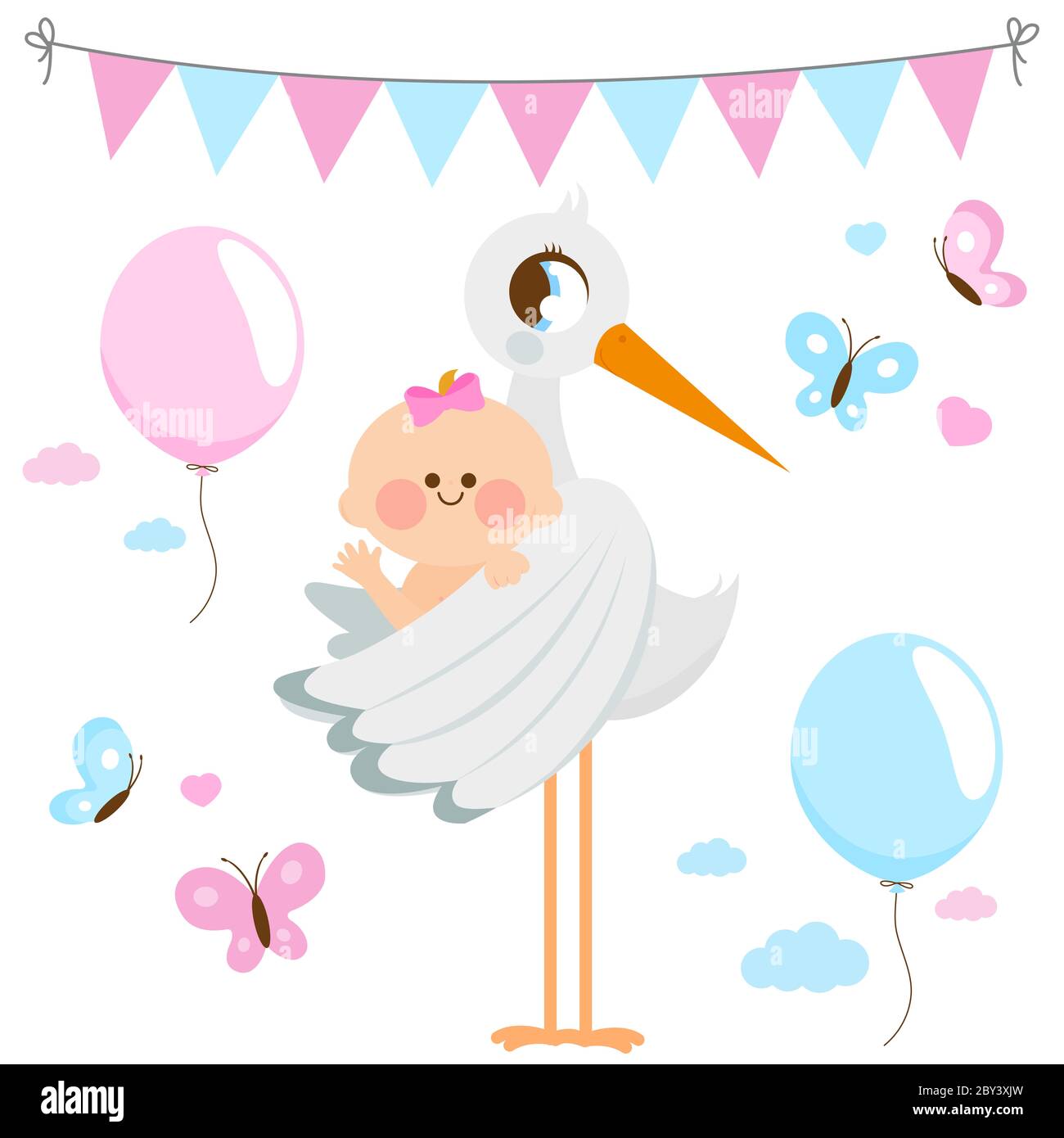 Décorations de fête de bébé fille et de bébé douche, papillons, ballons et guirlande. Annonce bébé. Une cigogne livrant une jolie petite fille nouveau-née. Banque D'Images