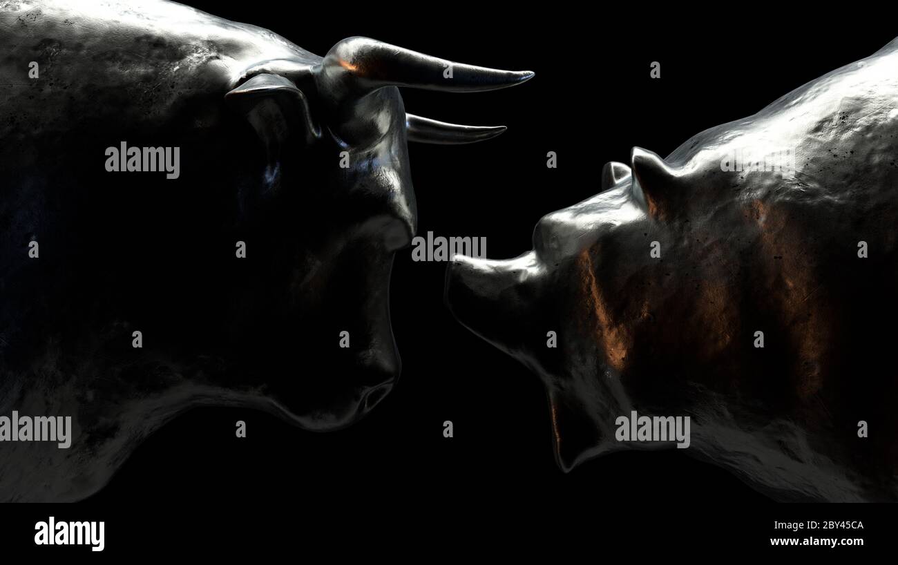 Deux pièces en métal représentant un taureau opposé à un ours dans une lumière sombre et dramatique représentant les tendances opposées du marché financier - rendu 3D Banque D'Images