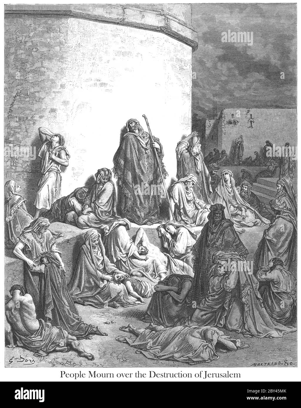 Les gens qui se fournissent sur les ruines de Jérusalem LamContestations 1:8 du livre 'Galerie de la Bible' illustré par Gustave Dore avec mémoire de Dore et lettre-presse descriptive par Talbot W. Chambers D.D. Publié par Cassell & Company Limited à Londres et simultanément par Mame à Tours, France en 1866 Banque D'Images