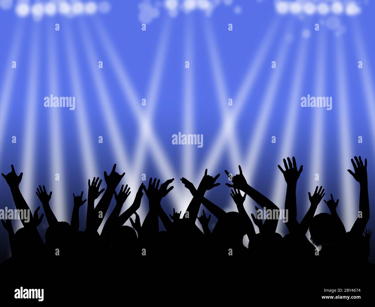 Une silhouette de danse avec des mains levées et des spots blancs sur fond bleu avec espace pour les copies Banque D'Images