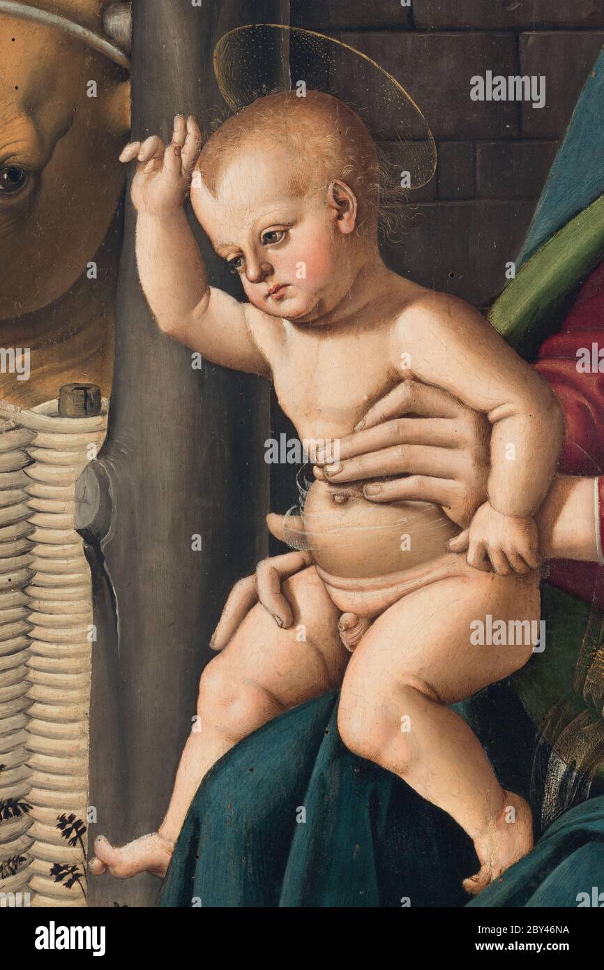 L'adoration des Mages est un tempérament sur bois (241 x 180 cm), par Pietro Perugino, vers 1470-1476 conservé dans la Galerie nationale de l'Ombrie à Pérouse Banque D'Images