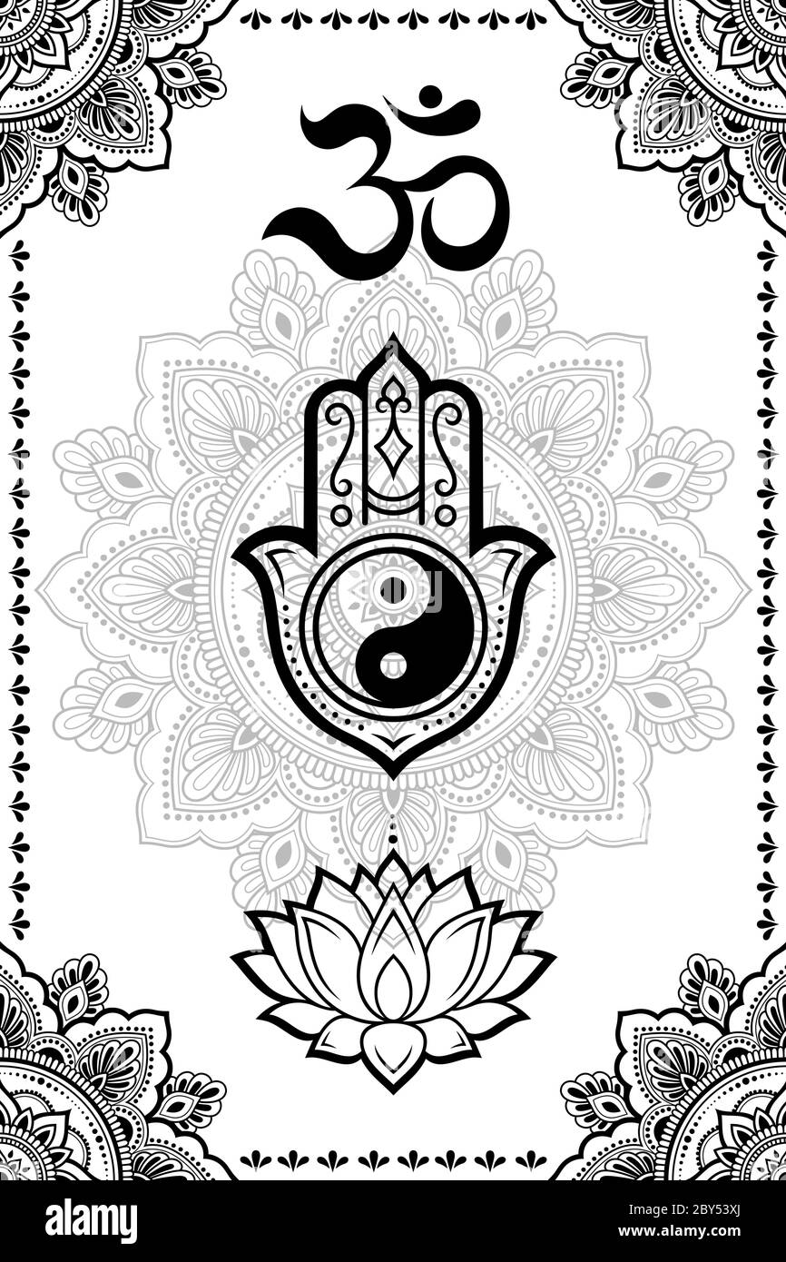 Ensemble de symboles religieux ethniques de l'est. Mandala, Hamsa, mantra OM, Yin Yang, fleur de Lotus. Motif décoratif pour henné, mehndi, tatouages, décoration de chambre Illustration de Vecteur