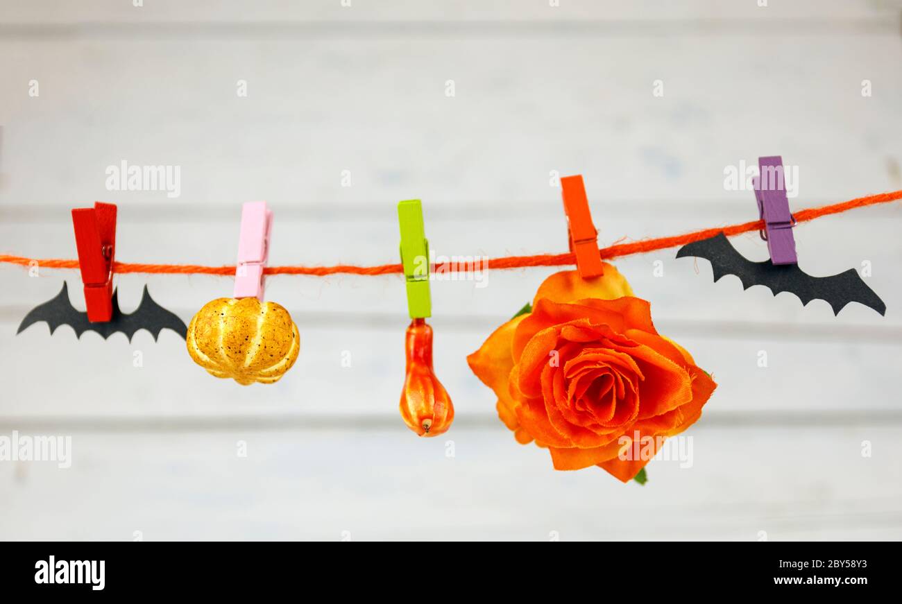 Rose accrochée à des épingles à linge avec chauves-souris décoratives et citrouilles sur fond blanc en bois. Arrière-plan du concept Halloween. Espace pour le texte. Banque D'Images