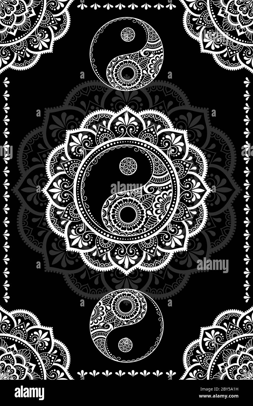Motif circulaire en forme de mandala pour Henna, Mehndi, tatouage, décoration. Décoration décorative de style oriental ethnique avec symbo Yin-Yang dessiné à la main Illustration de Vecteur