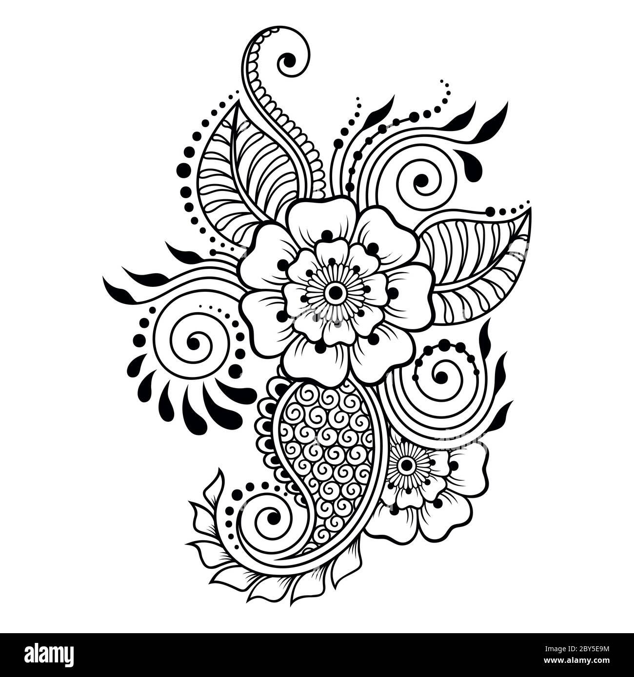 Modèle de fleur de tatouage au henné et bordure. Style mehndi. Ensemble de motifs décoratifs de style oriental. Illustration de Vecteur