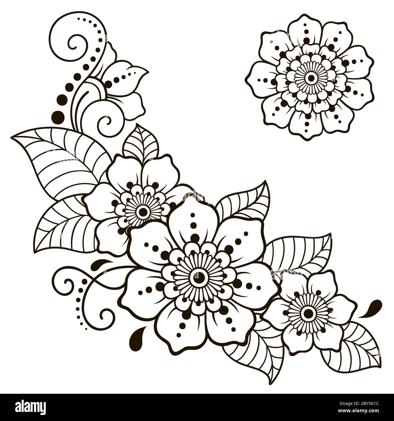 Modèle de fleur de tatouage au henné et bordure. Style mehndi. Ensemble de motifs décoratifs de style oriental. Illustration de Vecteur