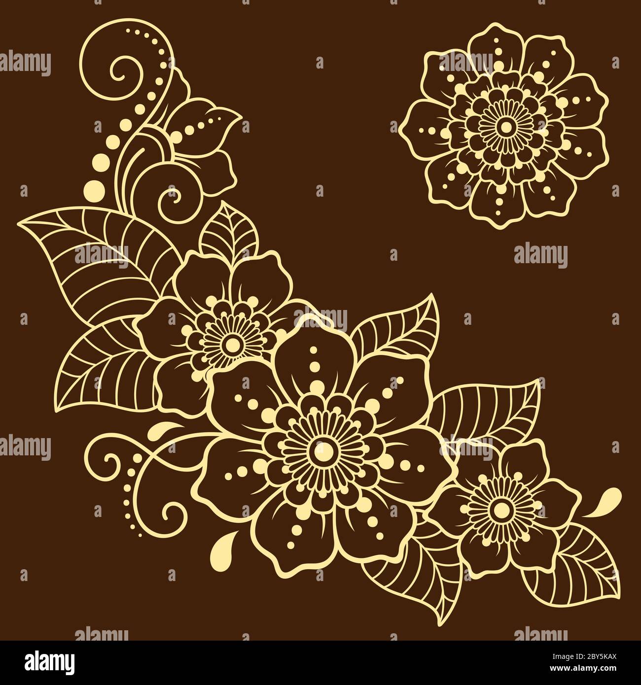 Modèle de fleur de tatouage au henné et bordure. Style mehndi. Ensemble de motifs décoratifs de style oriental. Illustration de Vecteur