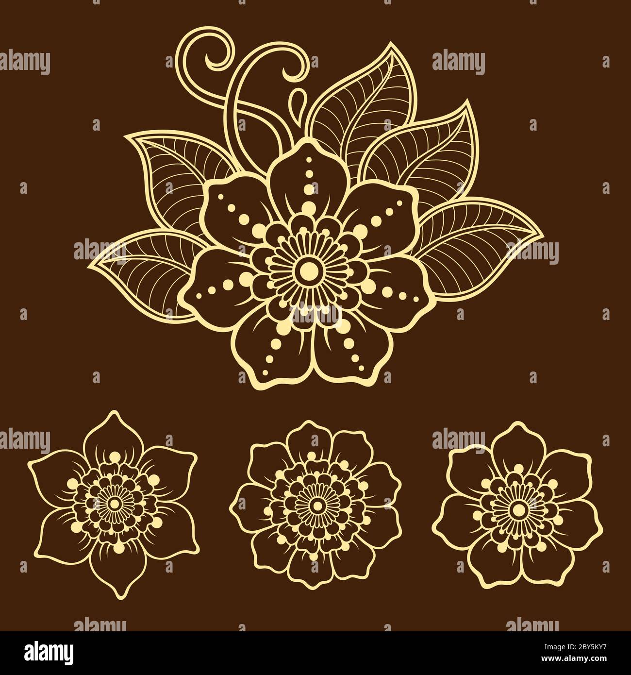 Modèle de fleur de tatouage au henné et bordure. Style mehndi. Ensemble de motifs décoratifs de style oriental. Illustration de Vecteur