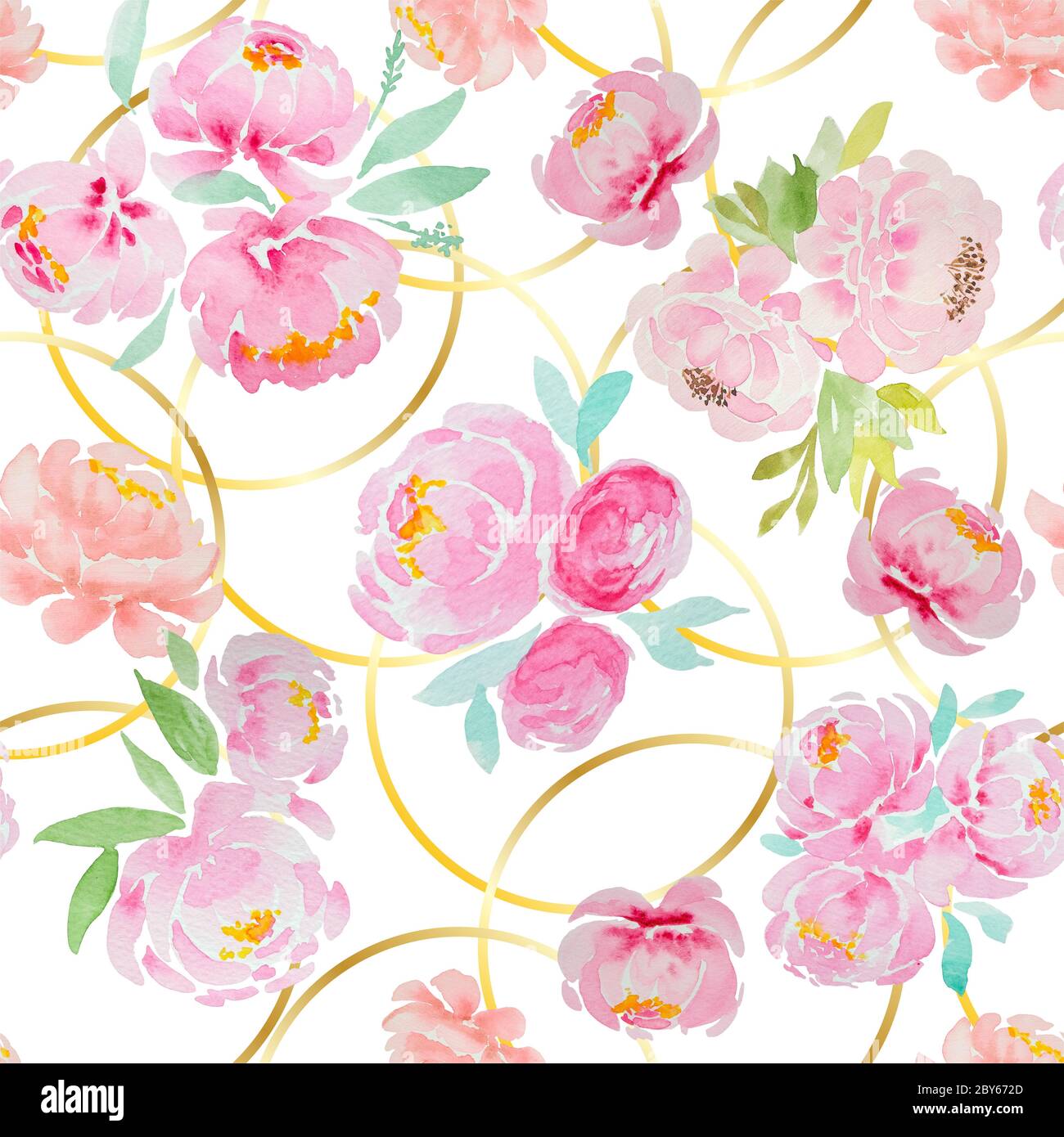 Motif sans couture de pivoines roses dessinées à la main et de roses avec cadres ronds dorés sur fond blanc. En attente d'une carte, d'un tissu, d'une conception. Banque D'Images