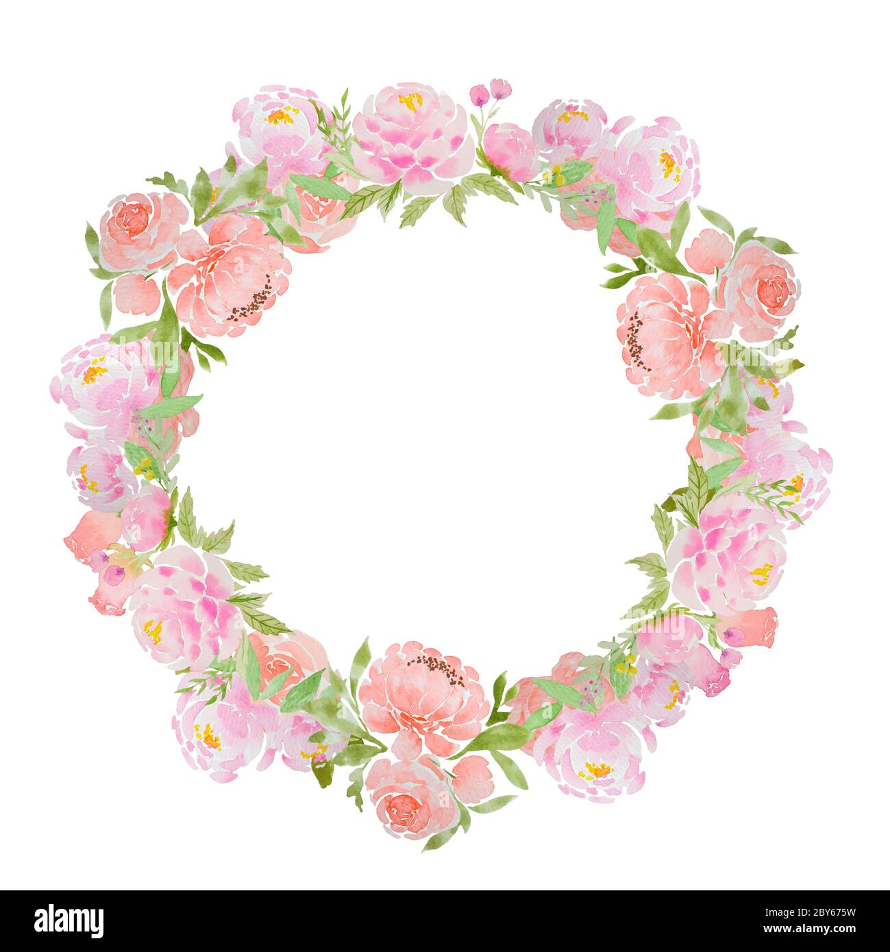 Belle couronne d'aquarelle de pivoines et de roses roses. Cadre rond fleuri pour cartes, invitations, motifs. Banque D'Images
