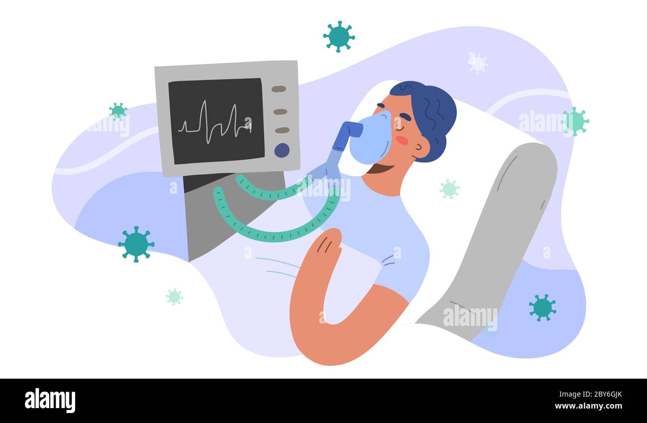 Ventilation artificielle du poumon pour les patients covid, soins intensifs à l'hôpital, femme infectée par le coronavirus en condition critique, illustration vectorielle Illustration de Vecteur