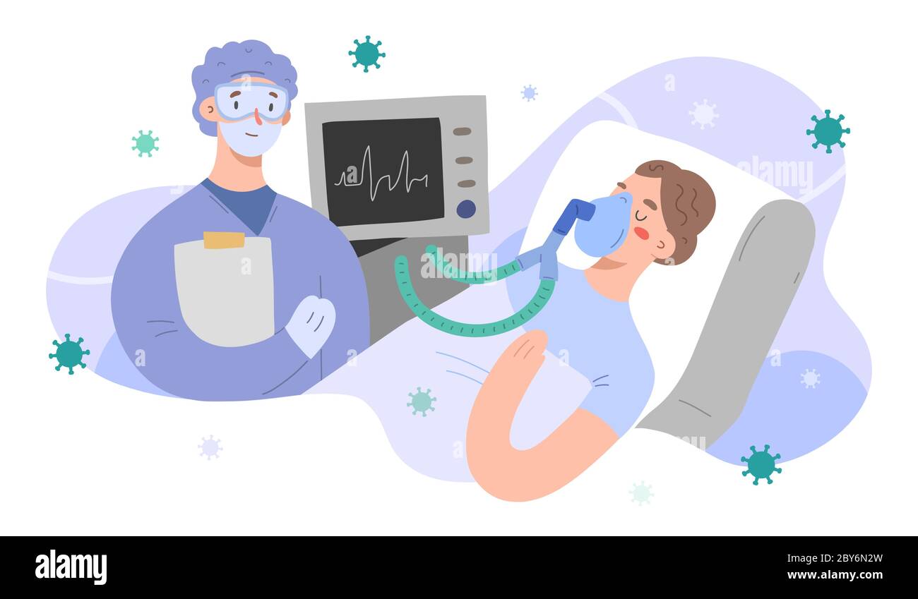 Patient sous alv avec médecin, personnages vectoriels, femme sous ventilation artificielle pulmonaire dans l'unité de soins intensifs, infectée par une infection covid à l'hôpital Illustration de Vecteur