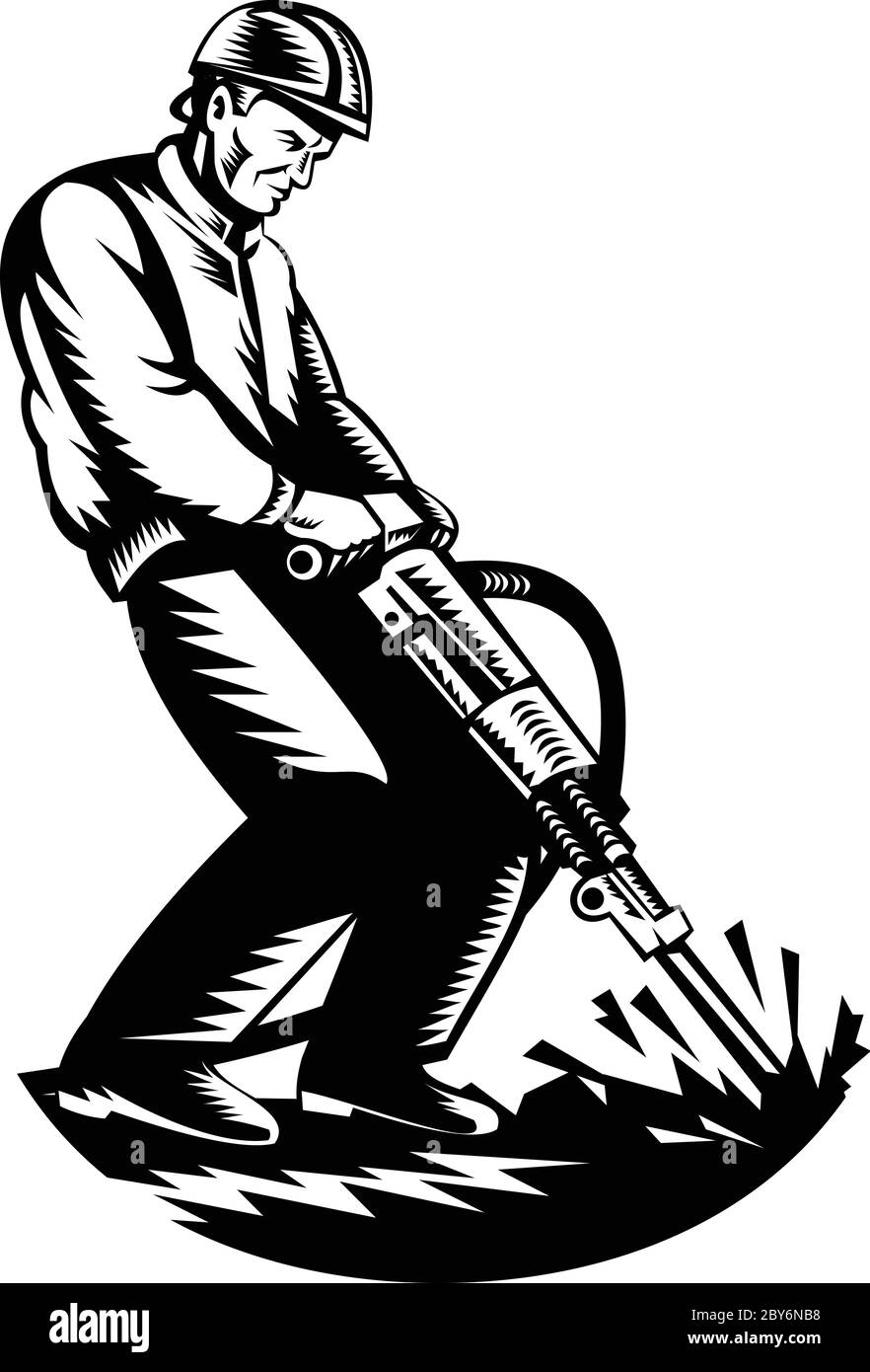 Illustration d'un ouvrier de construction avec marteau-piqueur pneumatique de forage travaillant sur les travaux de terrassement sur route effectués en coupe de bois rétro noir et blanc Illustration de Vecteur