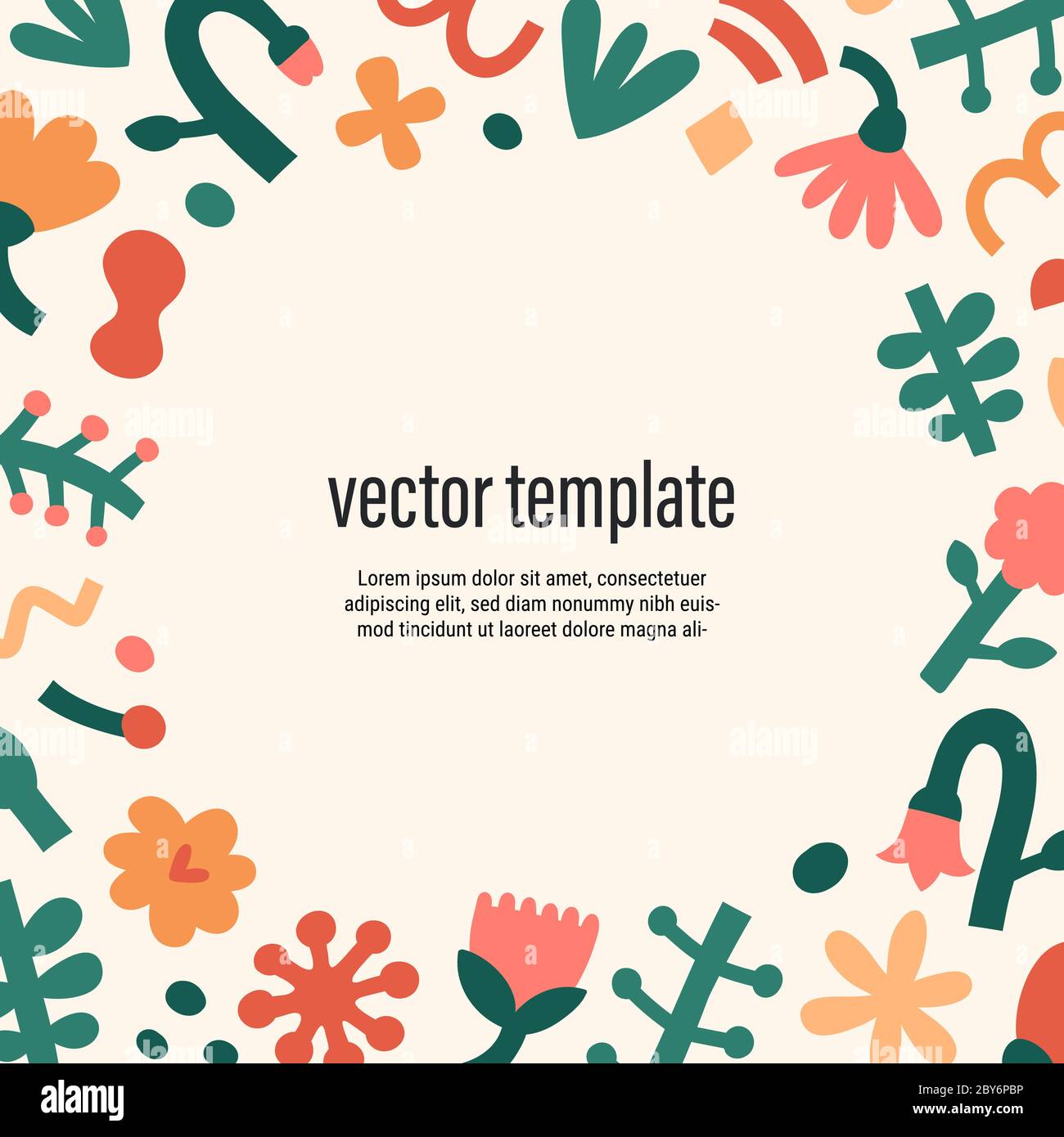 Cadre fleuri moderne avec espace pour le texte, formes d'abstraction et gribouillages tendance. Modèle de bordure vierge, décoration vectorielle pour mariage ou invitation Illustration de Vecteur