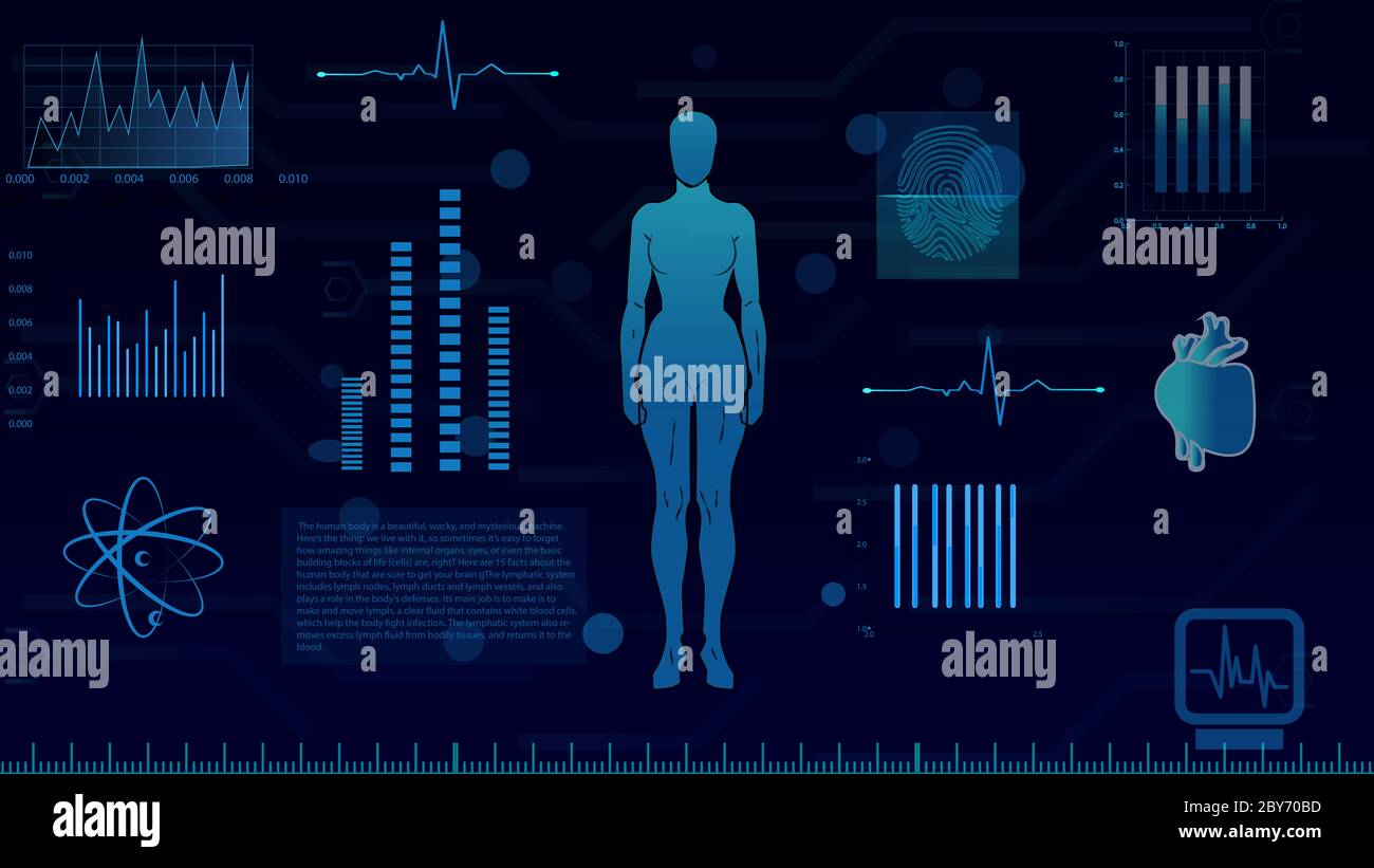 16:9 interface hud,corps humain futuriste,hud biologie elelelelemt,ensemble d'affichage d'éléments d'interface virtuelle,humain numérique , corps virtuel humain, SCR virtuel Banque D'Images