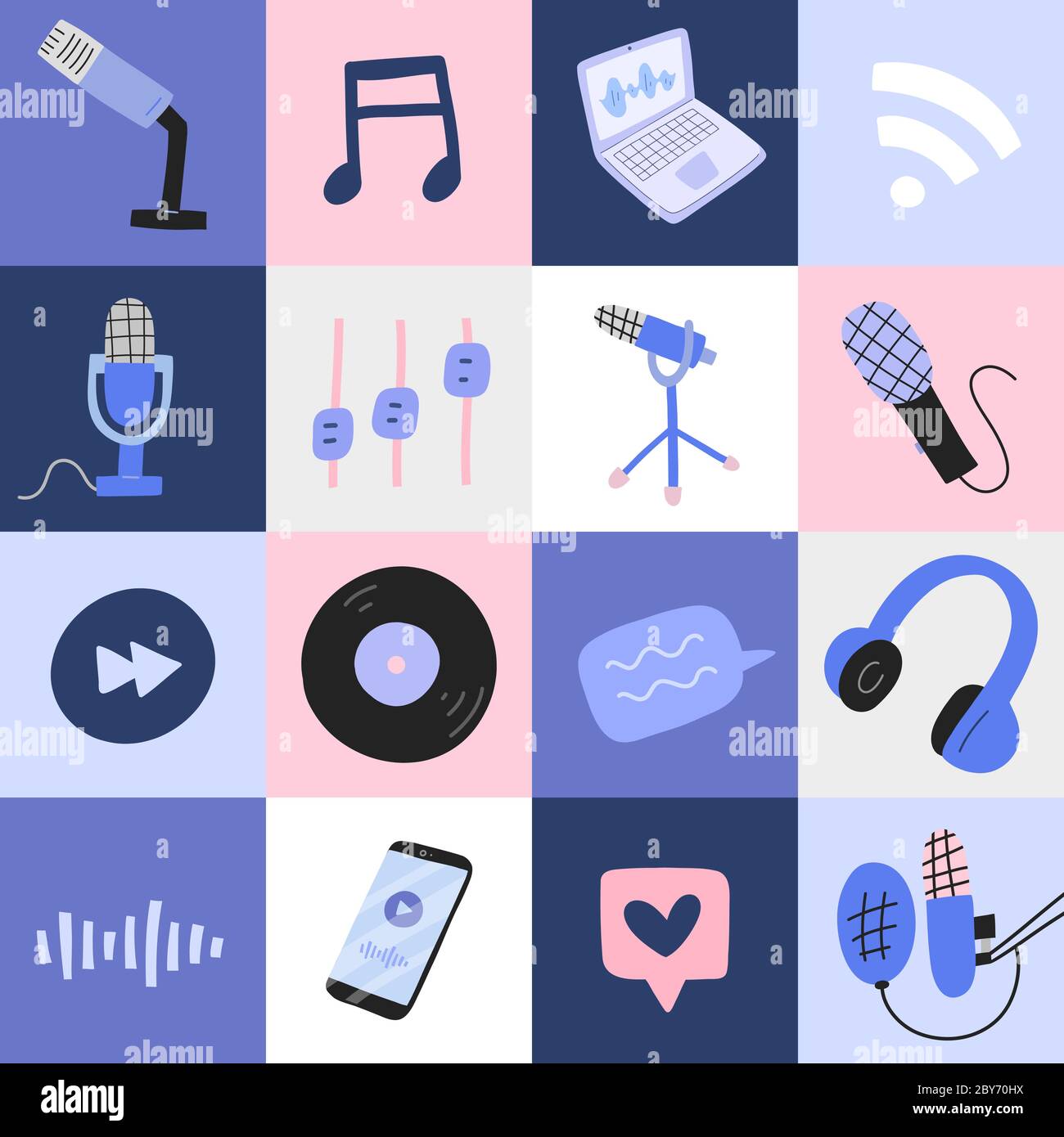 Poster de podcast avec des illustrations de microphones professionnels, casques, ordinateur portable et illustration de l'oeddle abstrait, bon comme poster ou Illustration de Vecteur