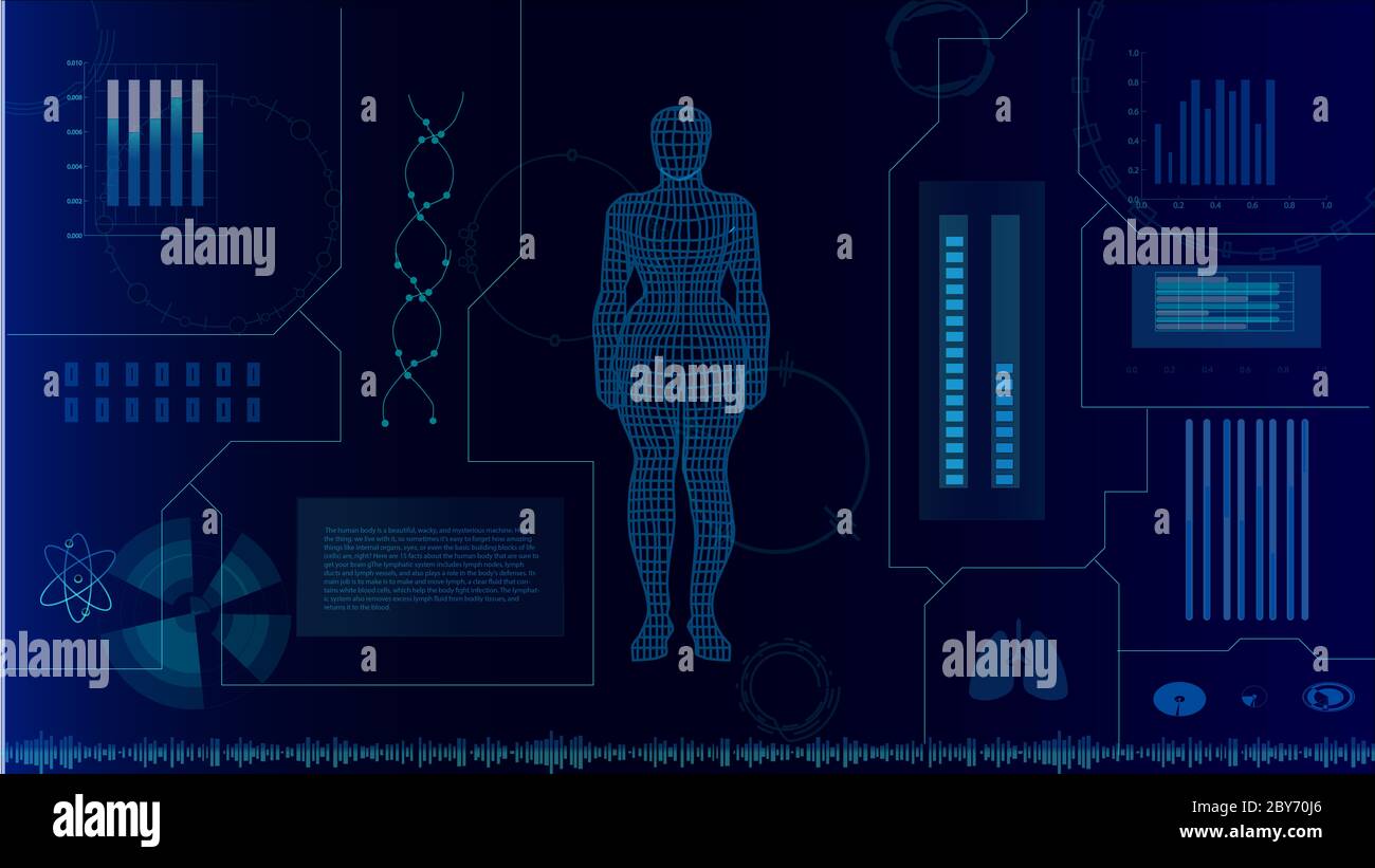16:9 interface hud,corps humain futuriste,hud biologie elelelelemt,ensemble d'affichage d'éléments d'interface virtuelle,humain numérique , corps virtuel humain, SCR virtuel Banque D'Images