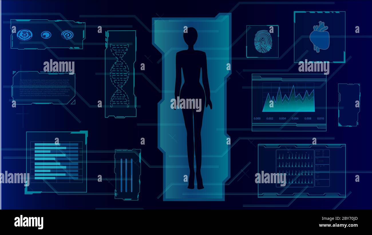16:9 interface hud,corps humain futuriste,hud biologie elelelelemt,ensemble d'affichage d'éléments d'interface virtuelle,humain numérique , corps virtuel humain, SCR virtuel Banque D'Images