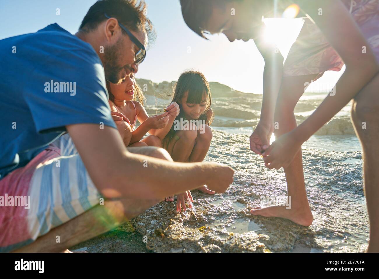 Famille explorant la piscine à marée sur la plage ensoleillée Banque D'Images