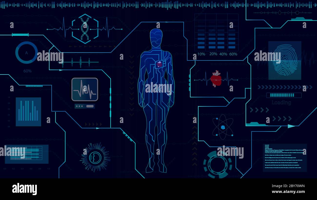 16:9 interface hud,corps humain futuriste,hud biologie elelelelemt,ensemble d'affichage d'éléments d'interface virtuelle,humain numérique , corps virtuel humain, SCR virtuel Banque D'Images