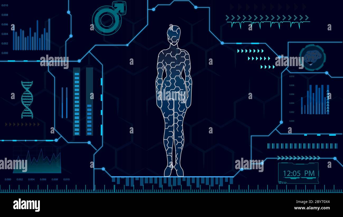 16:9 interface hud,corps humain futuriste,hud biologie elelelelemt,ensemble d'affichage d'éléments d'interface virtuelle,humain numérique , corps virtuel humain, SCR virtuel Banque D'Images