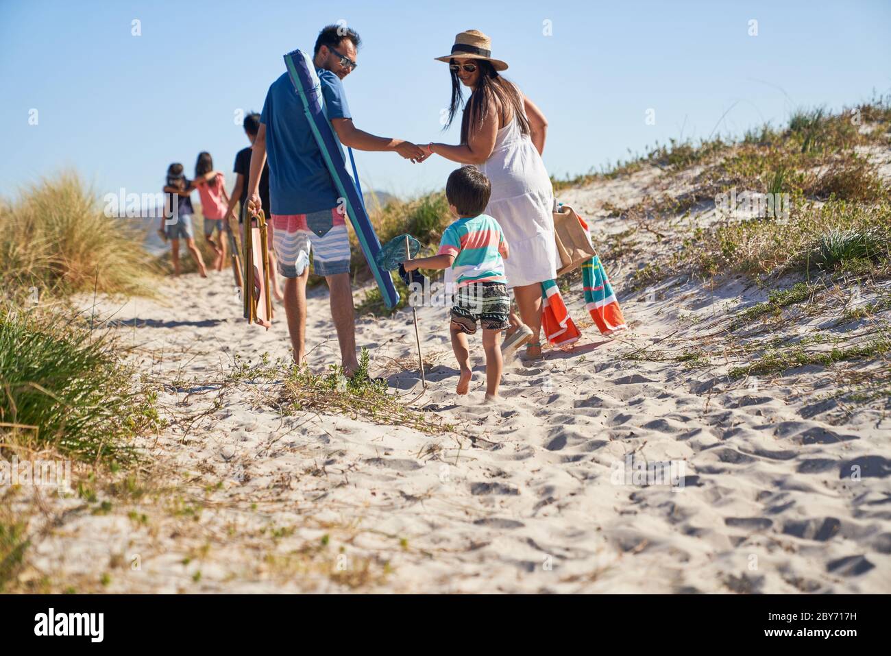 Family walking on sunny beach Banque D'Images