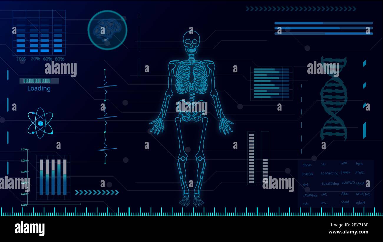 16:9 interface hud,corps humain futuriste,hud biologie elelelelemt,ensemble d'affichage d'éléments d'interface virtuelle,humain numérique , corps virtuel humain, SCR virtuel Banque D'Images