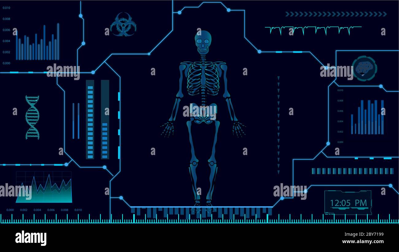 16:9 interface hud,corps humain futuriste,hud biologie elelelelemt,ensemble d'affichage d'éléments d'interface virtuelle,humain numérique , corps virtuel humain, SCR virtuel Banque D'Images