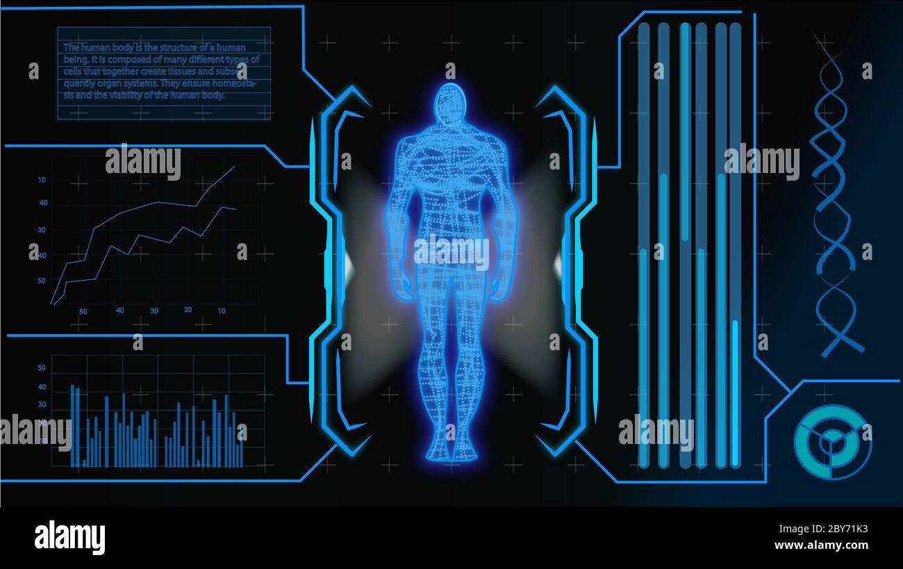 16:9 interface hud,corps humain futuriste,hud biologie elelelelemt,ensemble d'affichage d'éléments d'interface virtuelle,humain numérique , corps virtuel humain, SCR virtuel Banque D'Images