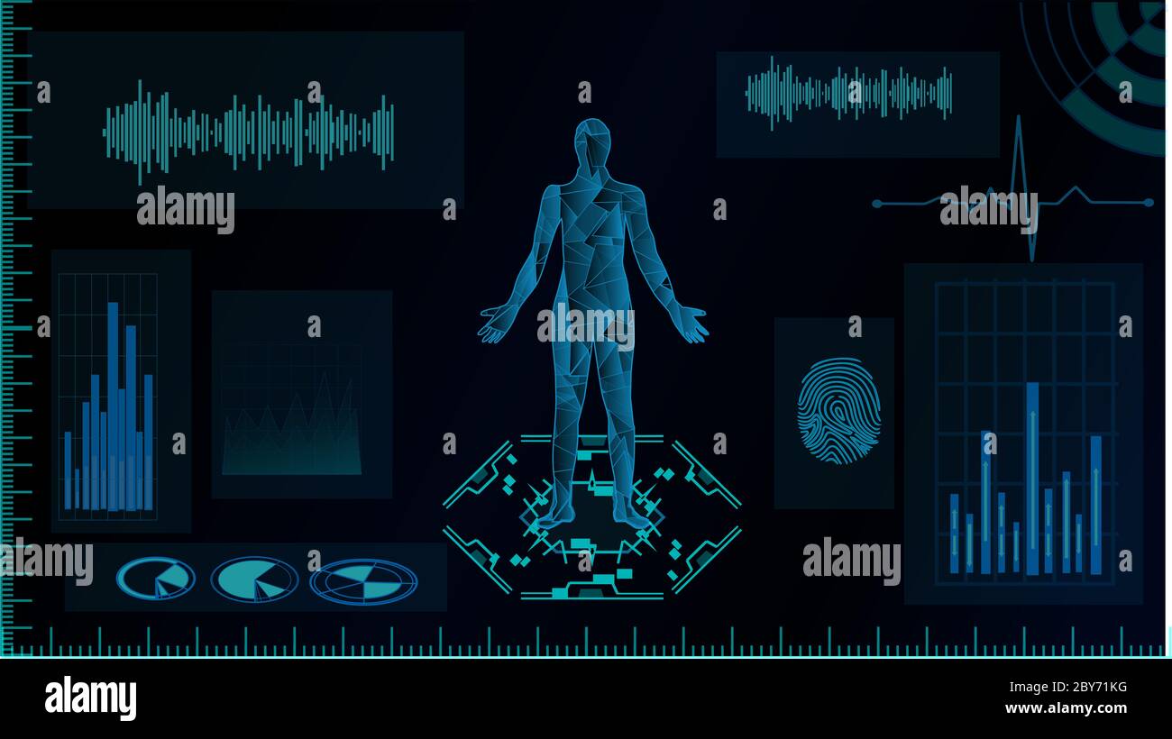 16:9 interface hud,corps humain futuriste,hud biologie elelelelemt,ensemble d'affichage d'éléments d'interface virtuelle,humain numérique , corps virtuel humain, SCR virtuel Banque D'Images