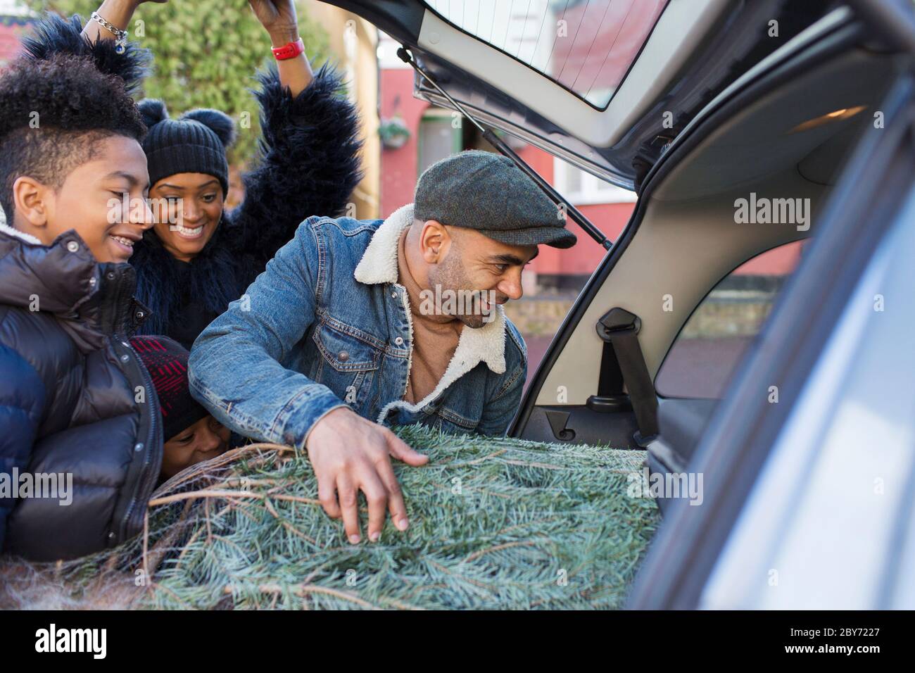 Famille chargeant l'arbre de Noël dans la voiture Banque D'Images